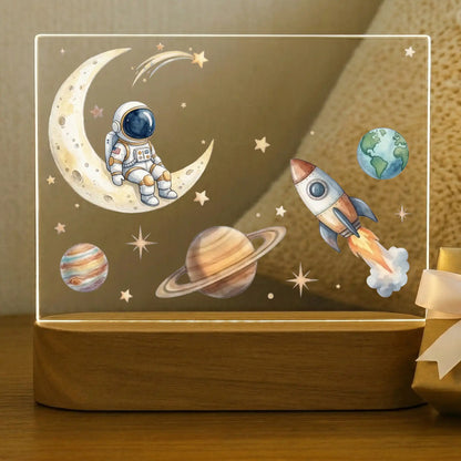 Personalized space night light for kids with astronaut on moon, rocket, Earth, Saturn, and Jupiter on an acacia wood base