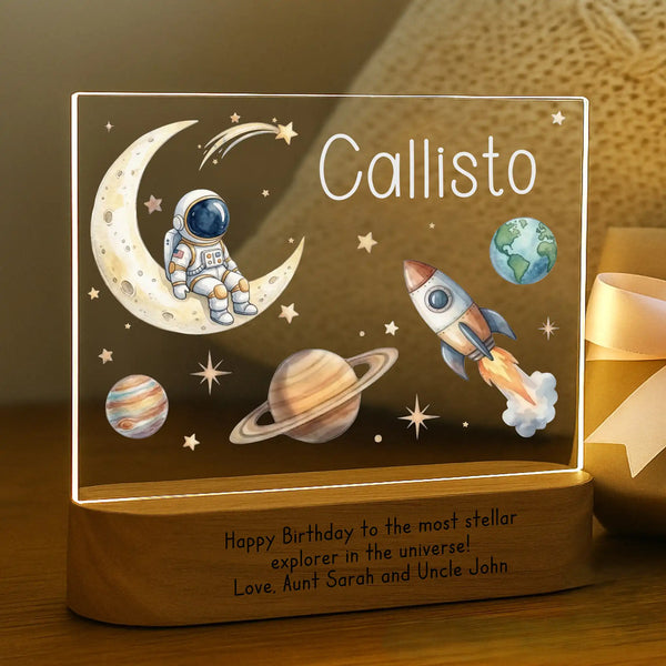 Personalized Space Explorer Night Light with custom child name, astronaut, rocket, moon, planets, and stars.