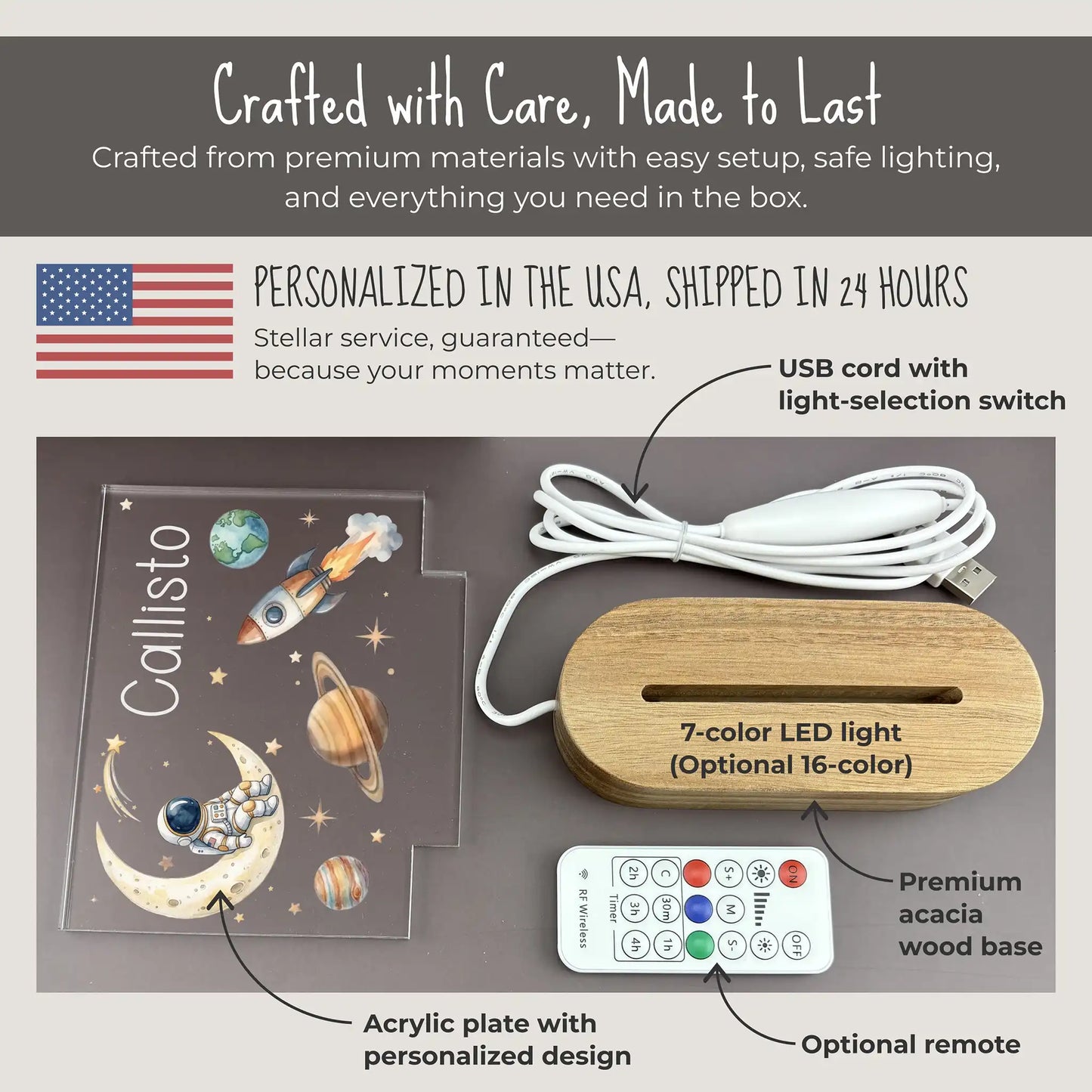 Personalized space night light components including acrylic plate, acacia wood base, USB cord, and optional wireless remote