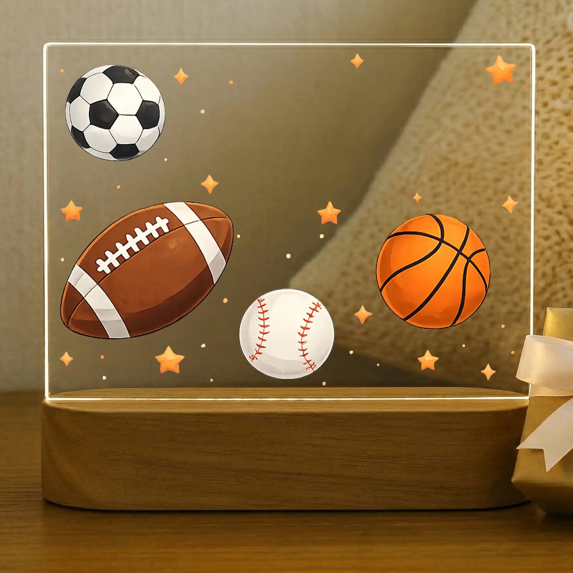Blank personalized sports night light acrylic plate with soccer ball football basketball and baseball UV printed design with stars, kids room decor