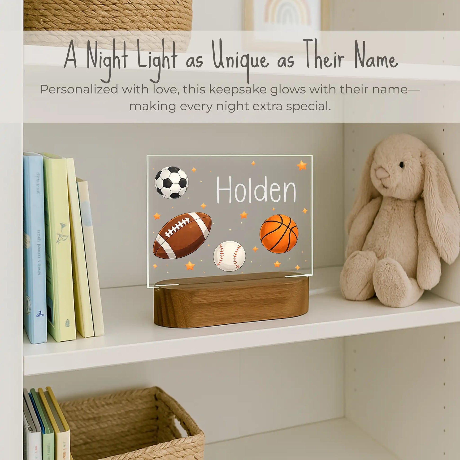 ustom name sports night light on kids bookshelf, acrylic plate with soccer football basketball baseball design, personalized with child's name, warm LED glow