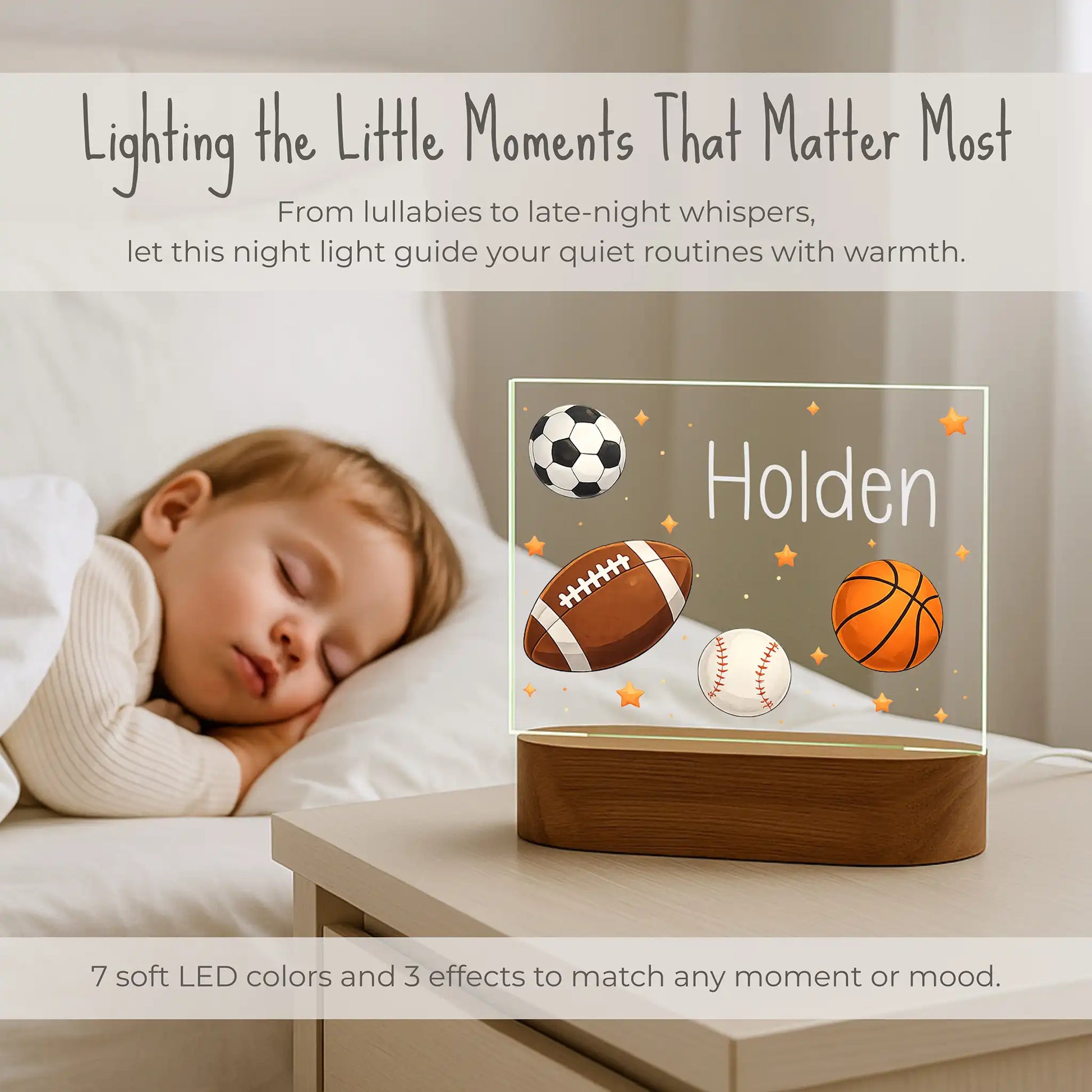 Personalized sports night light on nightstand beside sleeping child, 7 soft LED colors and 3 effects, custom name Holden glowing on soccer football basketball baseball design