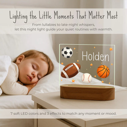 Personalized sports night light on nightstand beside sleeping child, 7 soft LED colors and 3 effects, custom name Holden glowing on soccer football basketball baseball design