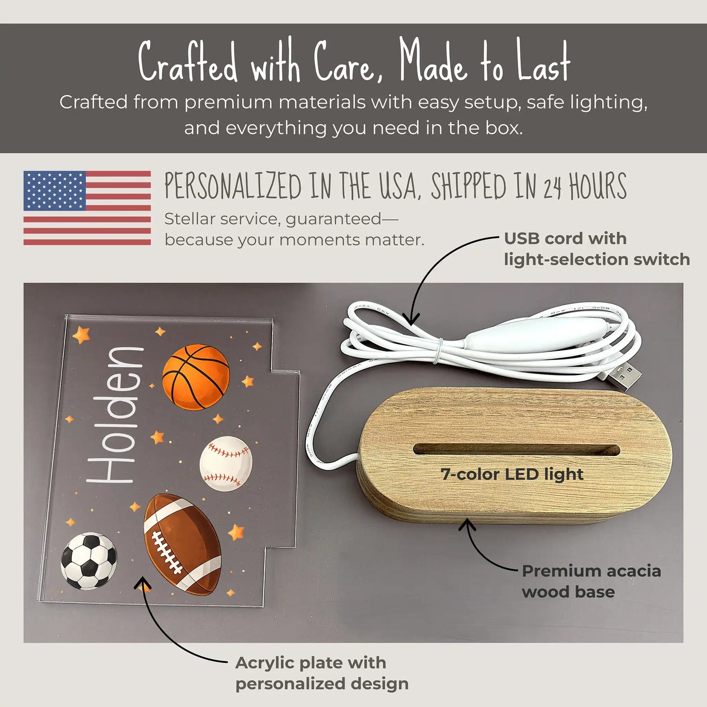 Personalized sports night light components showing UV printed acrylic plate with custom name and four-sport design, premium acacia wood base with 7-color LED, and USB cord with light-selection switch