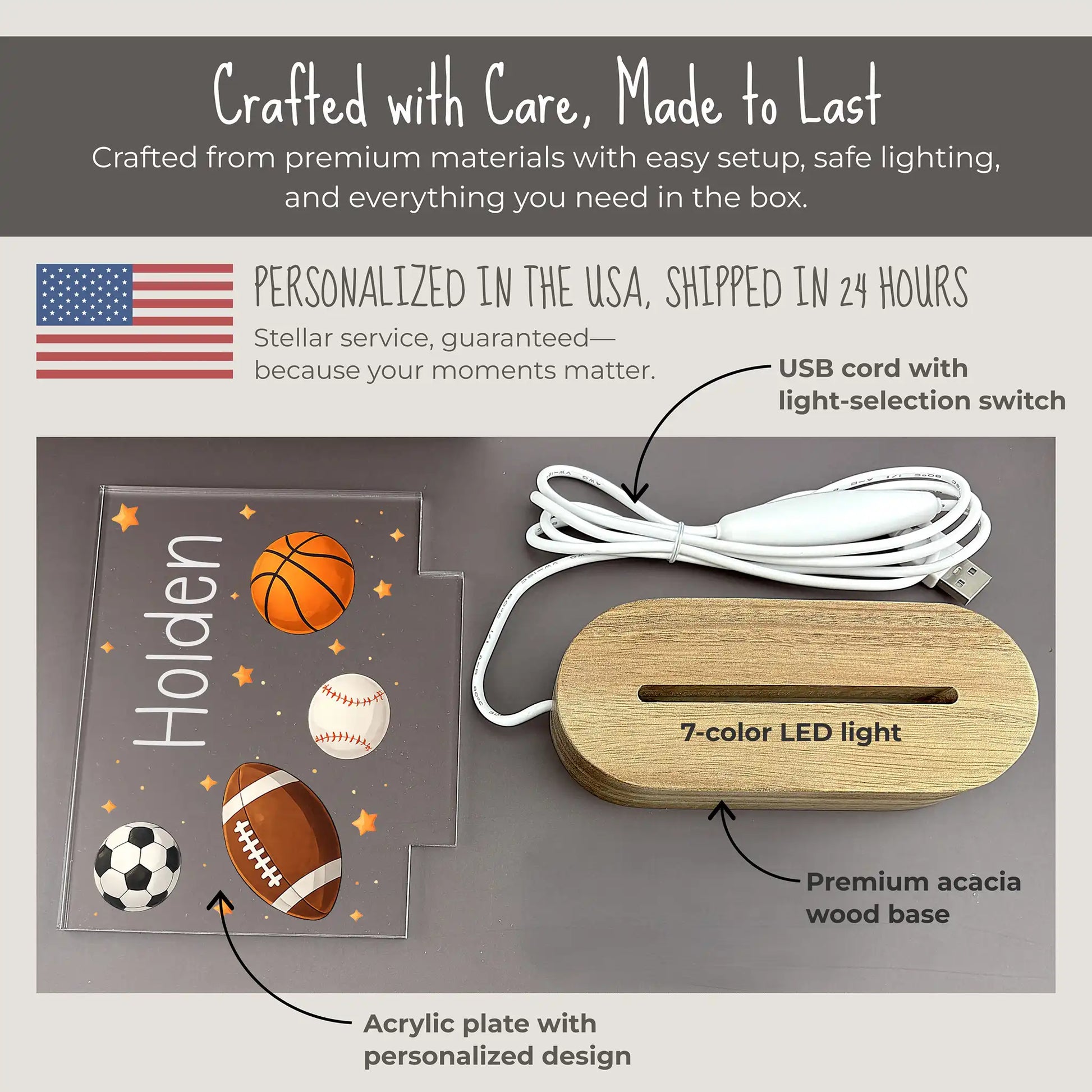 Personalized sports night light components showing UV printed acrylic plate with custom name and four-sport design, premium acacia wood base with 7-color LED, and USB cord with light-selection switch