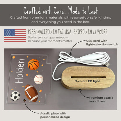 Personalized sports night light components showing UV printed acrylic plate with custom name and four-sport design, premium acacia wood base with 7-color LED, and USB cord with light-selection switch