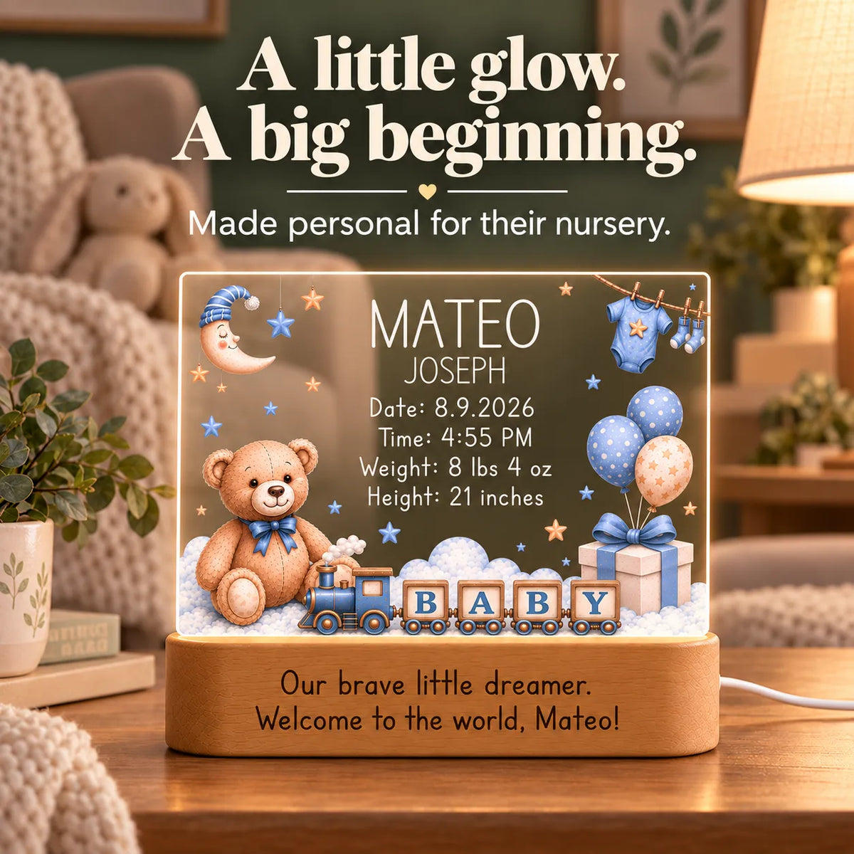Blue teddy bear birth stats night light glowing on a nursery shelf