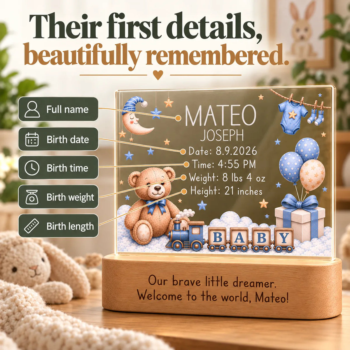 Birth stats engraved on the baby boy night light: full name, birth date, time, weight and length