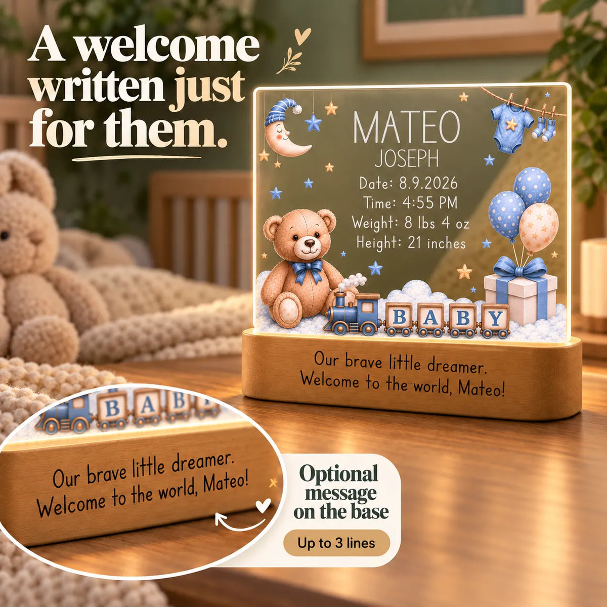 Optional engraved message on the wood base of the baby boy night light, up to 3 lines