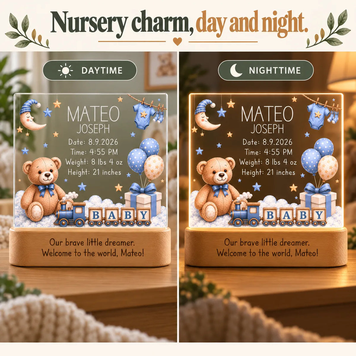 Blue teddy bear baby night light shown in daytime and glowing at night