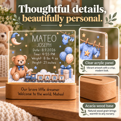 Clear acrylic panel and acacia wood base details on the personalized baby boy night light