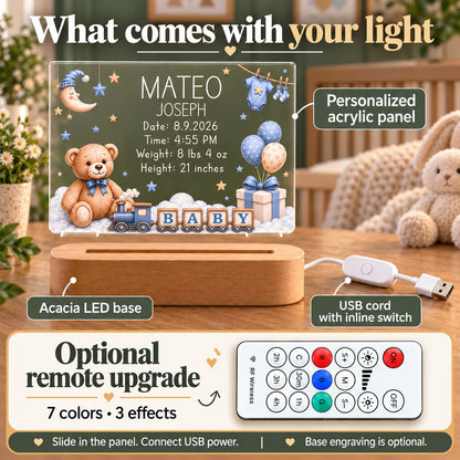 What comes with the baby boy night light: personalized acrylic panel, acacia LED base and USB cord with inline switch