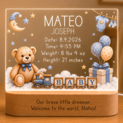 Personalized baby boy night light with vintage teddy bear design and laser engraved name and birth stats on clear acrylic plate