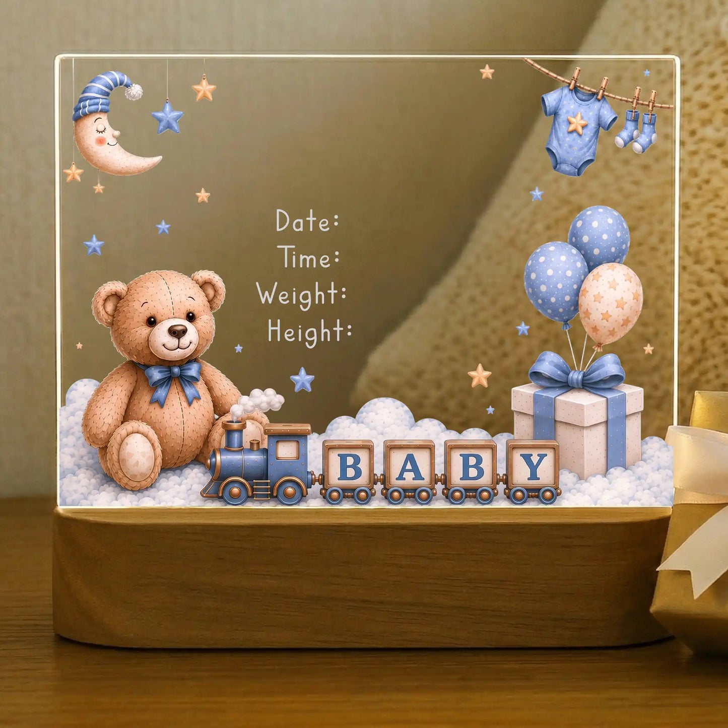 Vintage teddy bear baby night light shown before name and birth stats are engraved