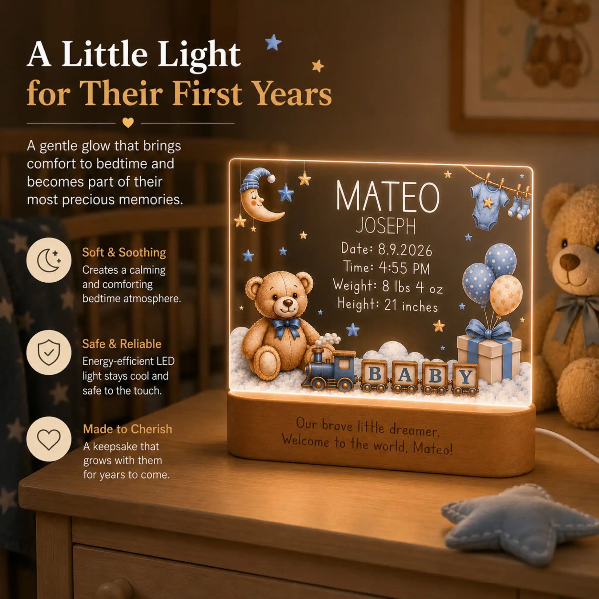 Personalized baby boy birth stats night light on acacia wood base with LED glow