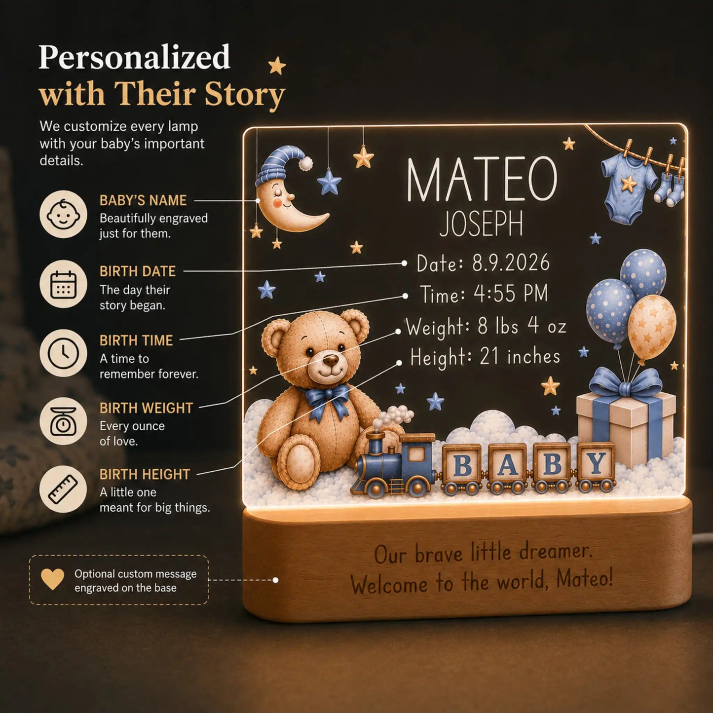 Laser engraved baby boy name and birth stats on clear acrylic night light plate