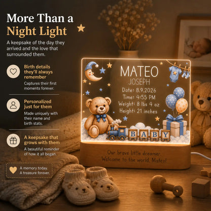 Vintage teddy bear baby night light personalized with birth date, time, weight, and length