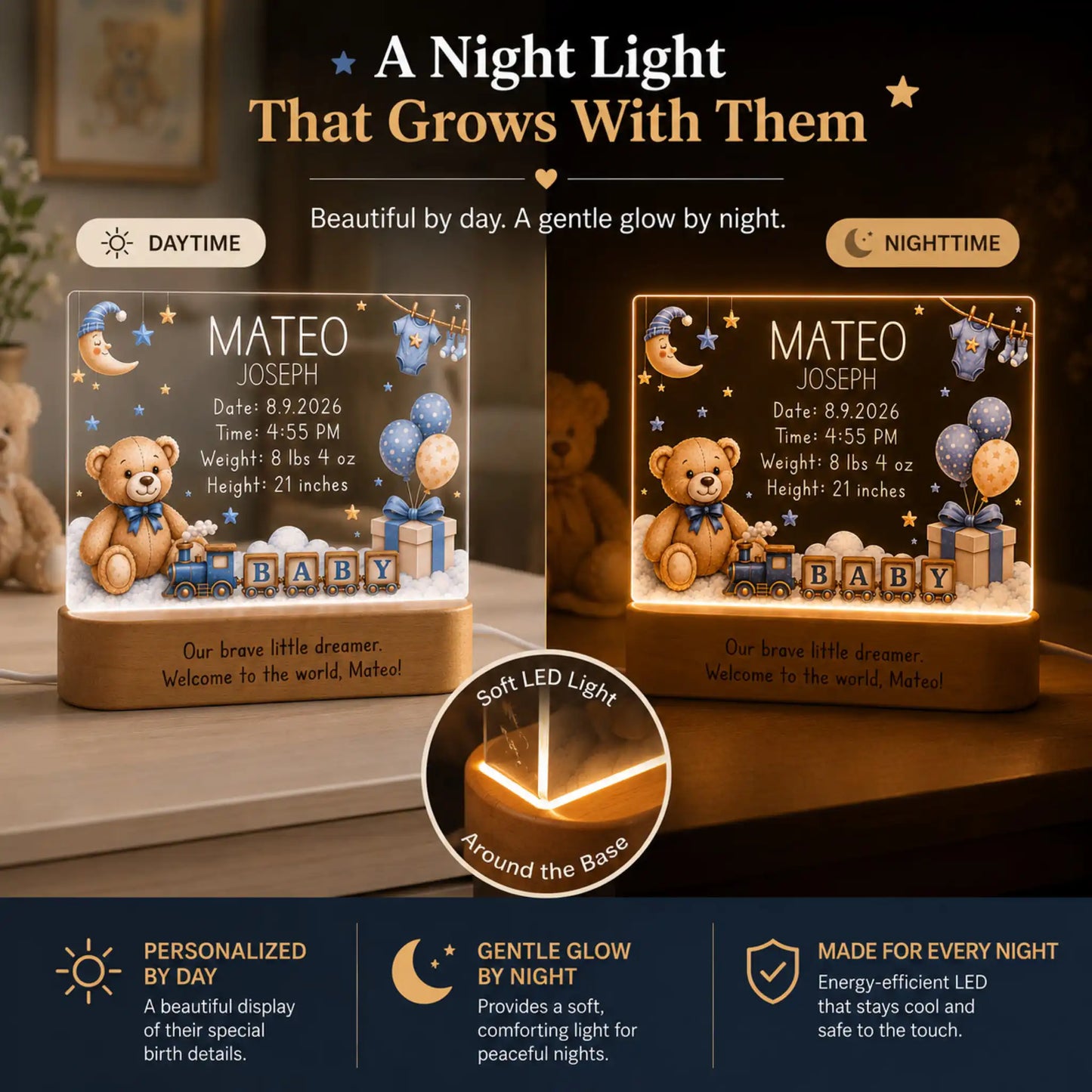 Personalized newborn night light keepsake for baby boy nursery