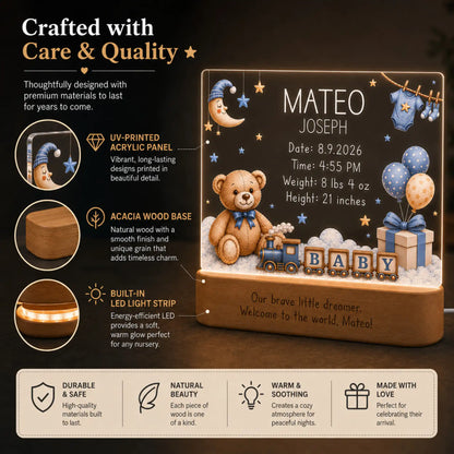 Baby boy nursery night light with vintage teddy bear artwork and personalized birth stats