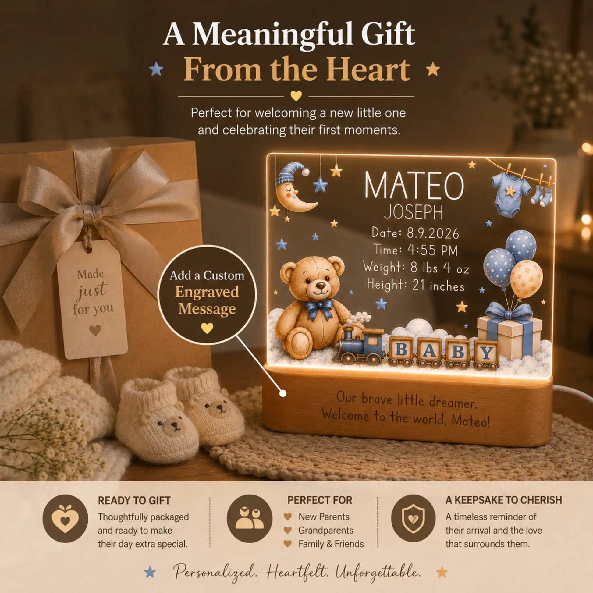Personalized baby boy night light baby shower gift with laser engraved birth announcement details