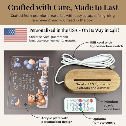 Personalized baby night light set with acacia wood base, USB cord, and optional wireless remote