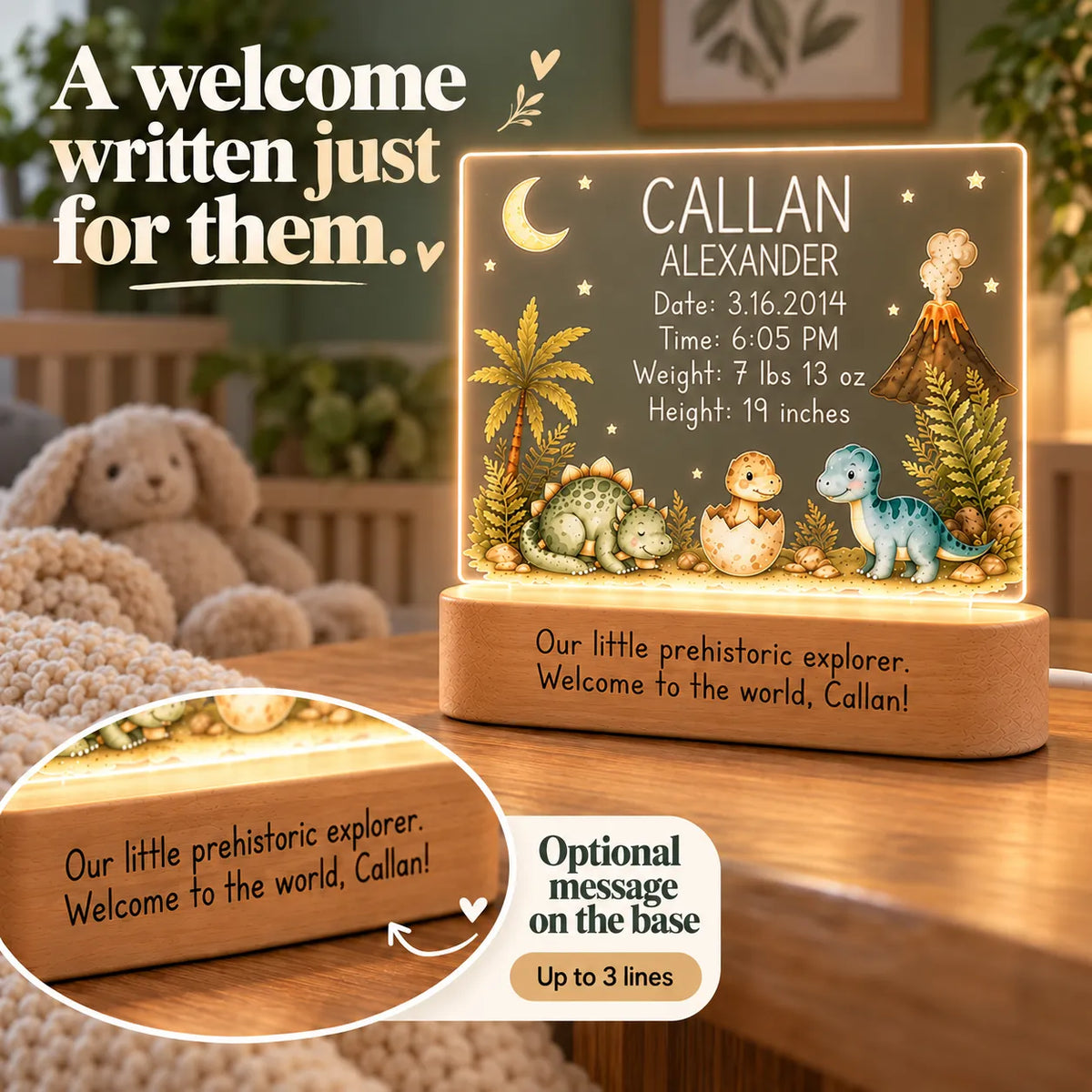 Optional engraved message on the wood base of the dinosaur baby night light, up to 3 lines