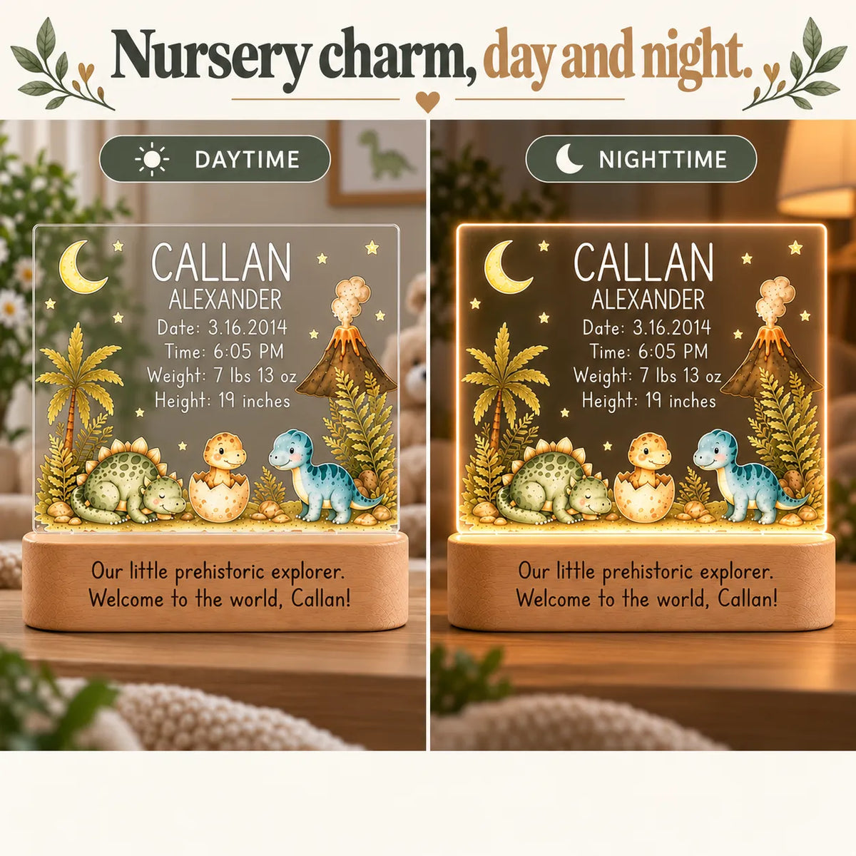 Baby dinosaur night light shown in daytime and glowing at night