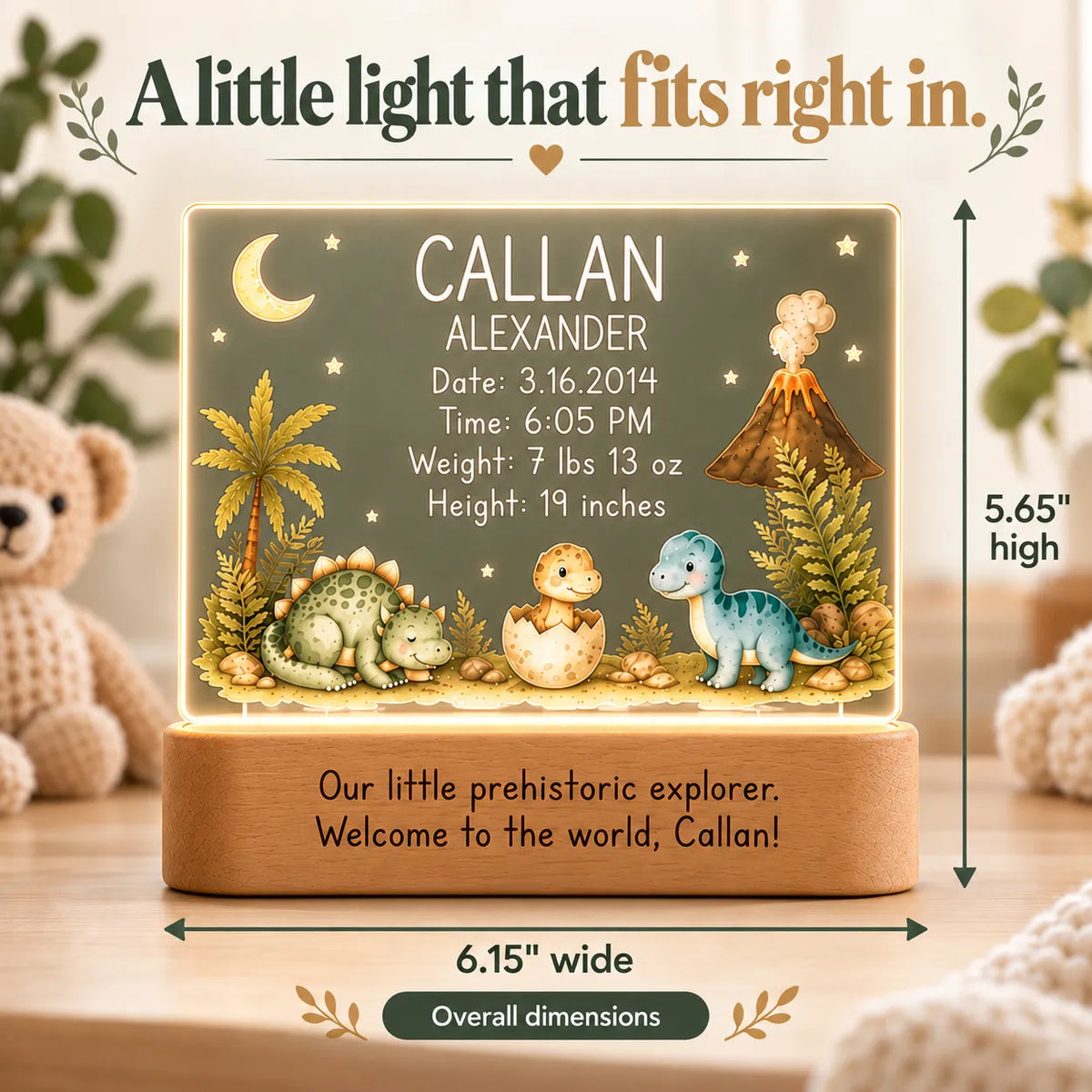 Dinosaur baby night light dimensions: 5.65 inches high by 6.15 inches wide