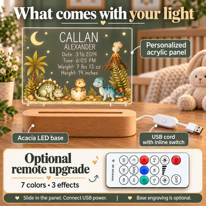 What comes with the dinosaur night light: personalized acrylic panel, acacia LED base and USB cord with inline switch