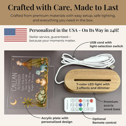Personalized baby night light set with acacia wood base, USB cord, and optional wireless remote