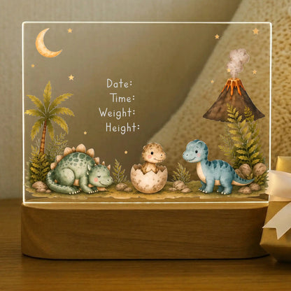 Dinosaur baby night light shown before name and birth stats are engraved