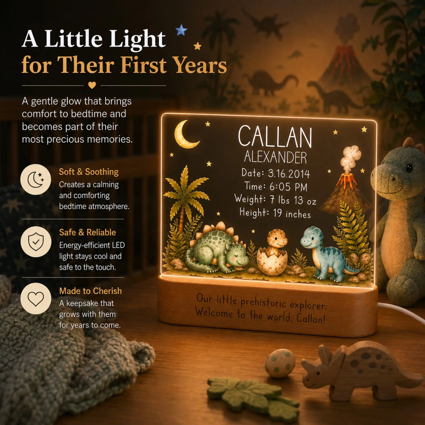 Laser engraved baby name and birth stats on dinosaur night light acrylic plate