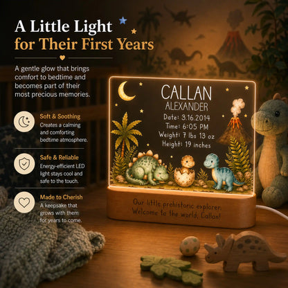 Laser engraved baby name and birth stats on dinosaur night light acrylic plate