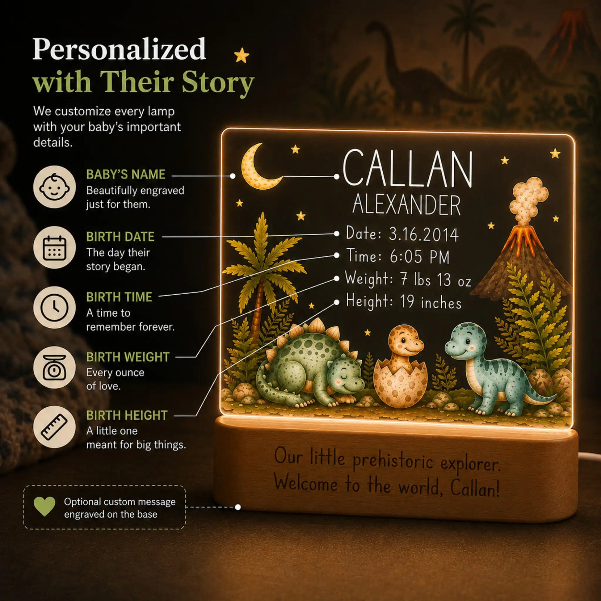 Personalized dinosaur nursery night light with birth date, time, weight, and length