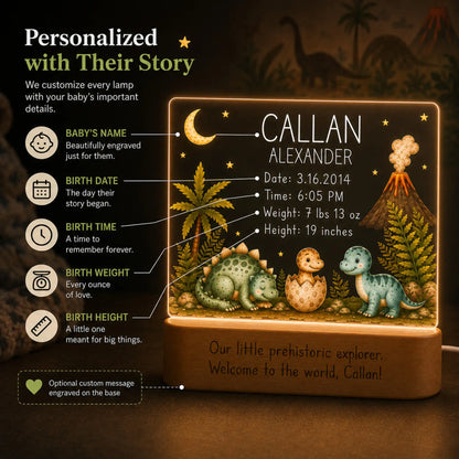 Personalized dinosaur nursery night light with birth date, time, weight, and length