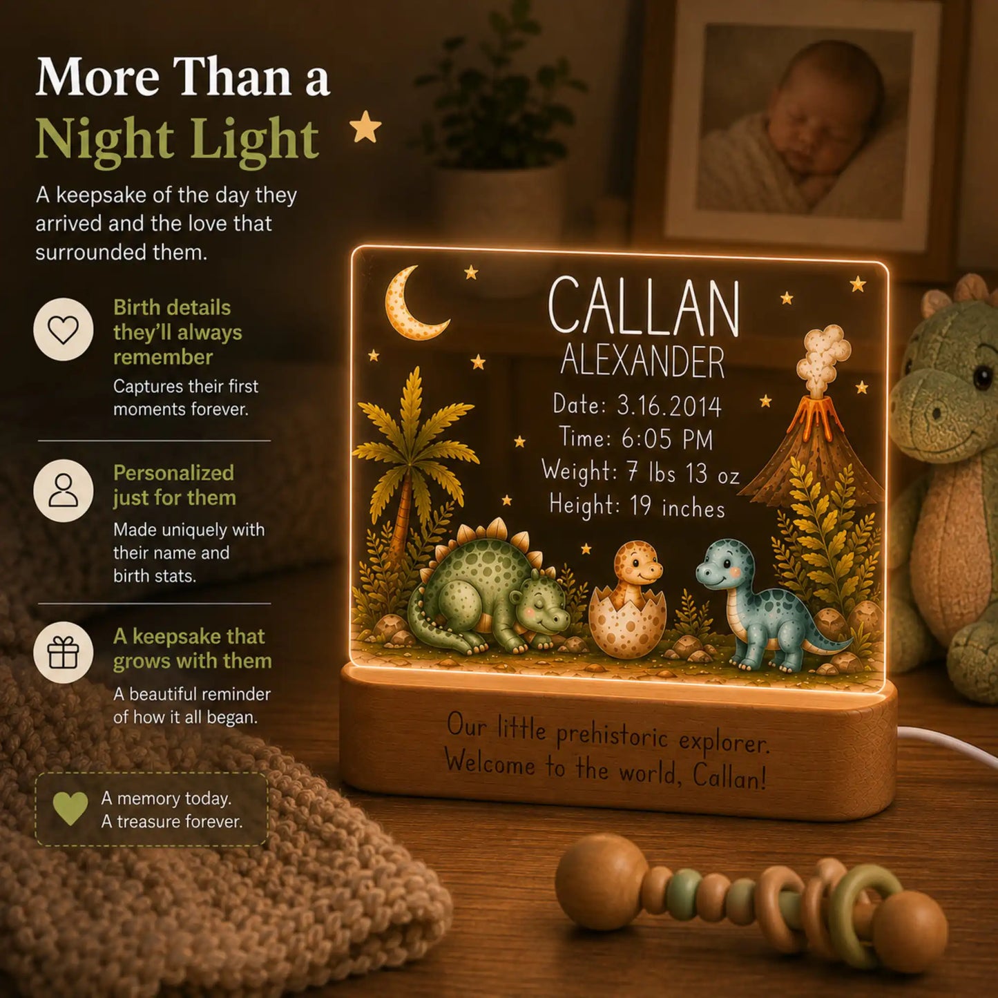 Dinosaur baby night light keepsake on acacia wood base
