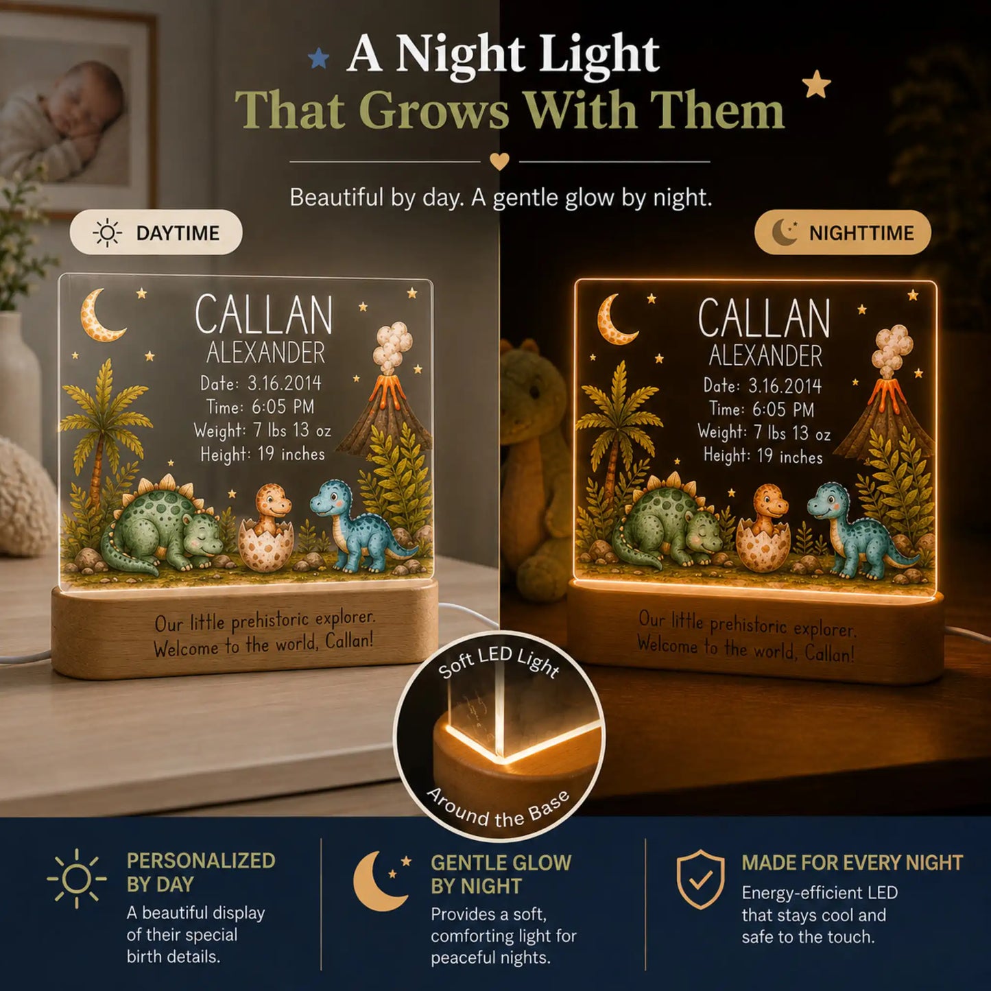 Personalized baby shower gift night light with friendly dinosaur artwork