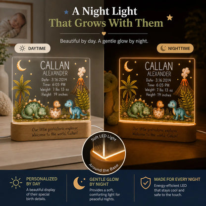 Personalized baby shower gift night light with friendly dinosaur artwork