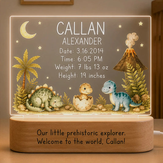 Personalized dinosaur baby night light with laser engraved name and birth stats on clear acrylic plate