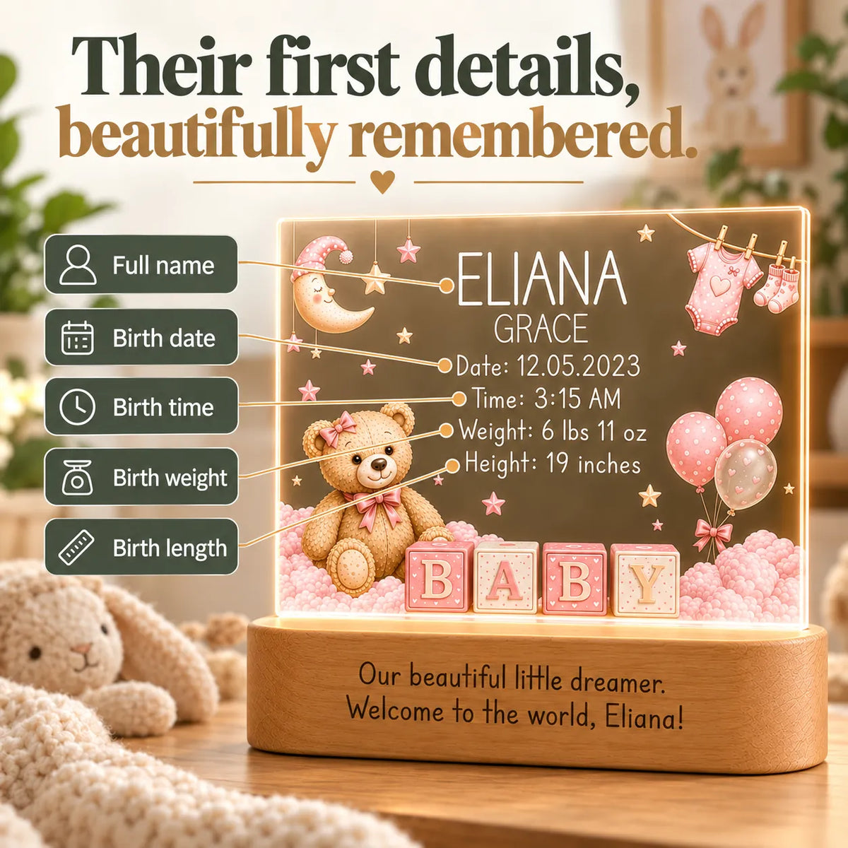 Birth stats engraved on the baby girl night light: full name, birth date, time, weight and length