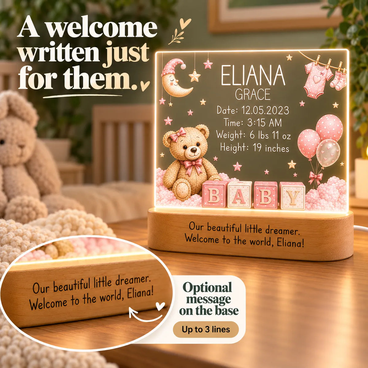 Optional engraved message on the wood base of the baby girl night light, up to 3 lines
