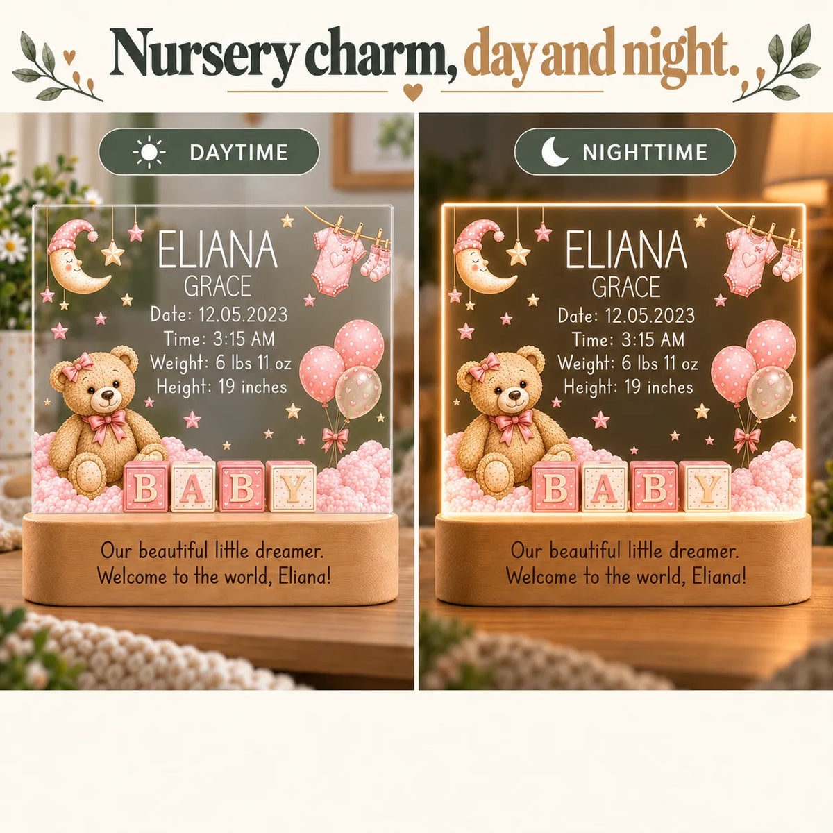 Pink teddy bear baby night light shown in daytime and glowing at night