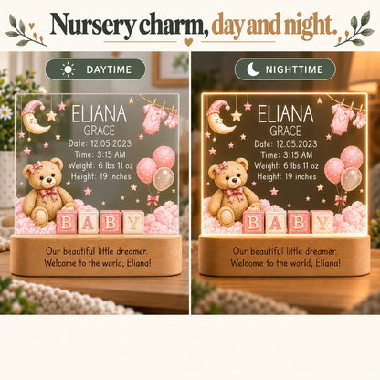 Pink teddy bear baby night light shown in daytime and glowing at night
