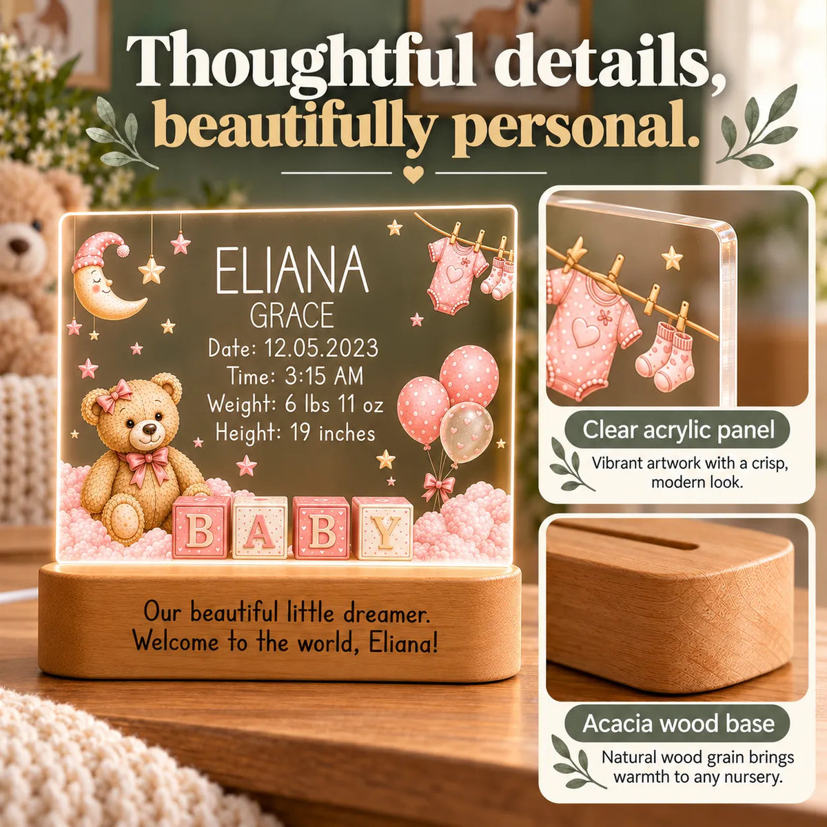Clear acrylic panel and acacia wood base details on the personalized baby girl night light
