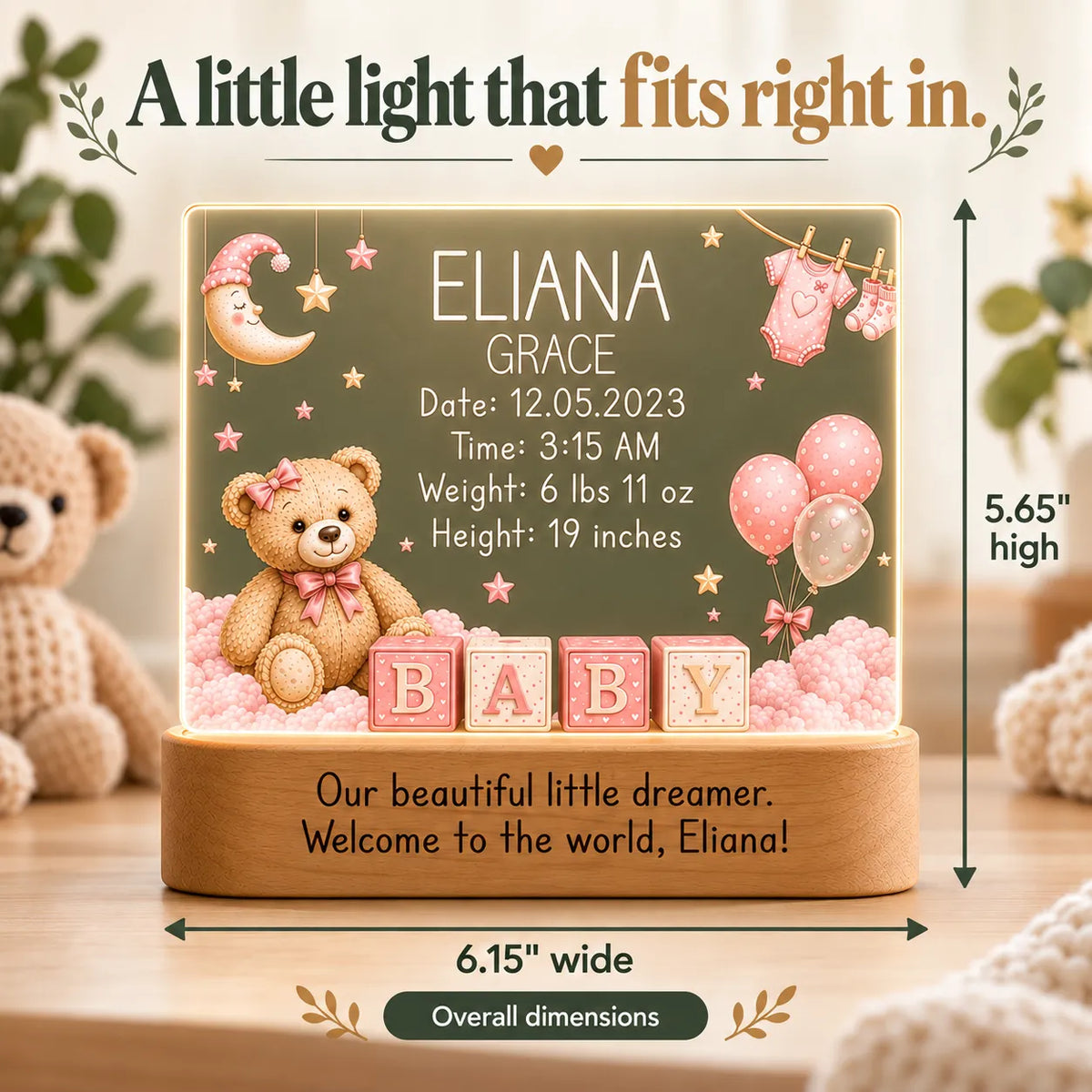 Baby girl night light dimensions: 5.65 inches high by 6.15 inches wide