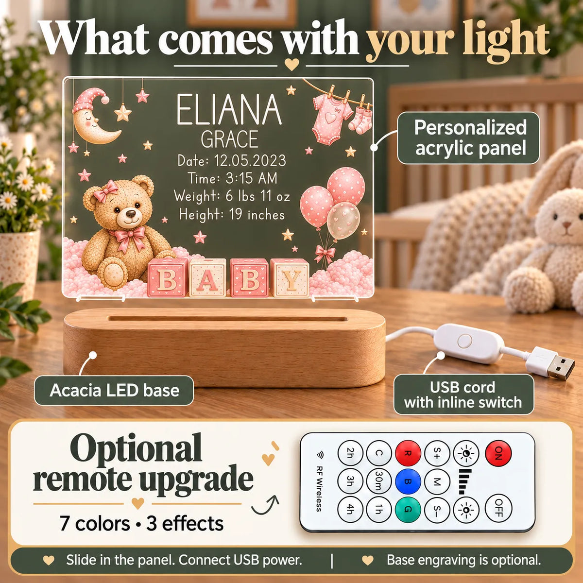 What comes with the baby girl night light: personalized acrylic panel, acacia LED base and USB cord with inline switch