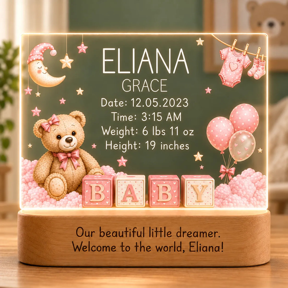 Personalized baby girl night light with birth stats, pink teddy bear and BABY block artwork, and engraved message on an acacia wood LED base
