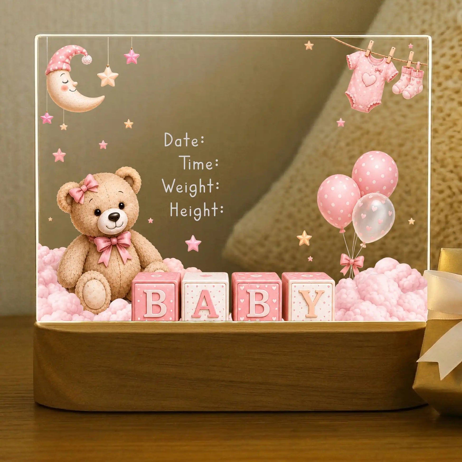 Vintage teddy bear baby night light shown before name and birth stats are engraved