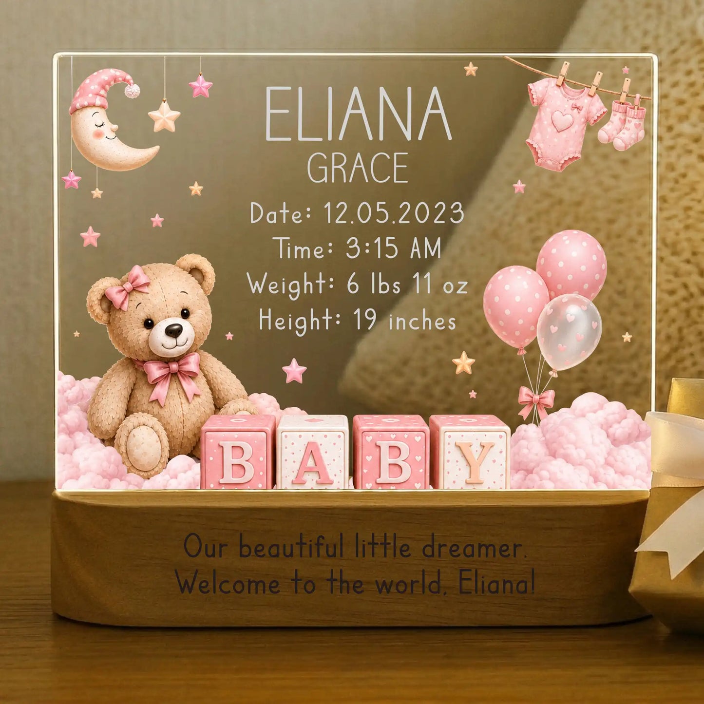 Personalized baby girl night light with color changing LED base