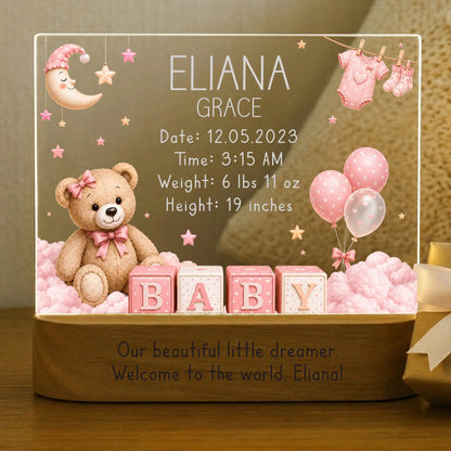 Personalized baby girl night light with color changing LED base